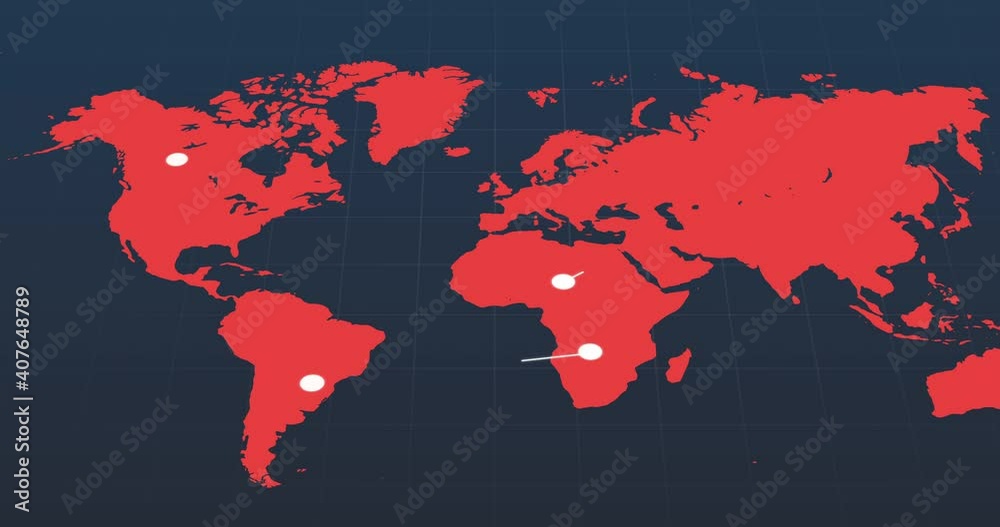 Red world map with moving white network of connected points on dark grey background Red world map with moving white network of connected points on dark grey background