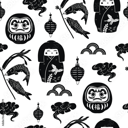 Japan symbol seamless pattern with kokeshi, Daruma and lantern
