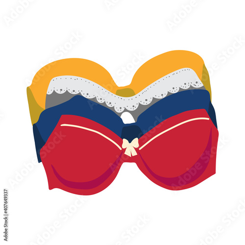 Color women's bras stacked in pile in flat style. It can be used as icon or design element.