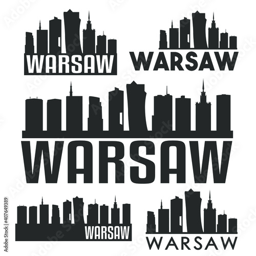 Warsaw Poland Flat Icon Skyline Vector Silhouette Design Set Logo Illustration.