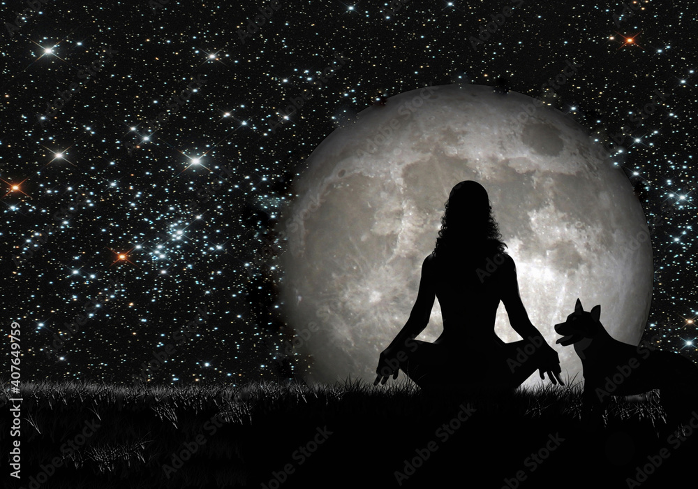 Mujer  con perro meditando. Ilustración. Luna y estrellas.