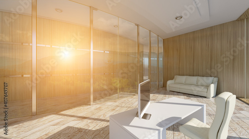 Open space office interior with like conference room. Mockup. 3D rendering.. Sunset.