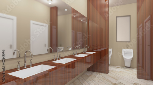 Clean public toilet room empty with wooden partition. 3D rendering.