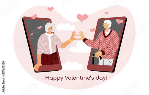 A concept of Valentine's day online date. Vector illustration of elderly couple together via smartphone mobile app. Internet dating application. Long distance lockdown romantic seniors relationship.