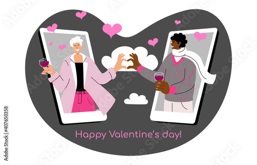 A concept of Valentines day online date. Vector illustration of happy gay couple communicating via smartphone mobile app. An internet dating application. Long distance lockdown romantic relationship.