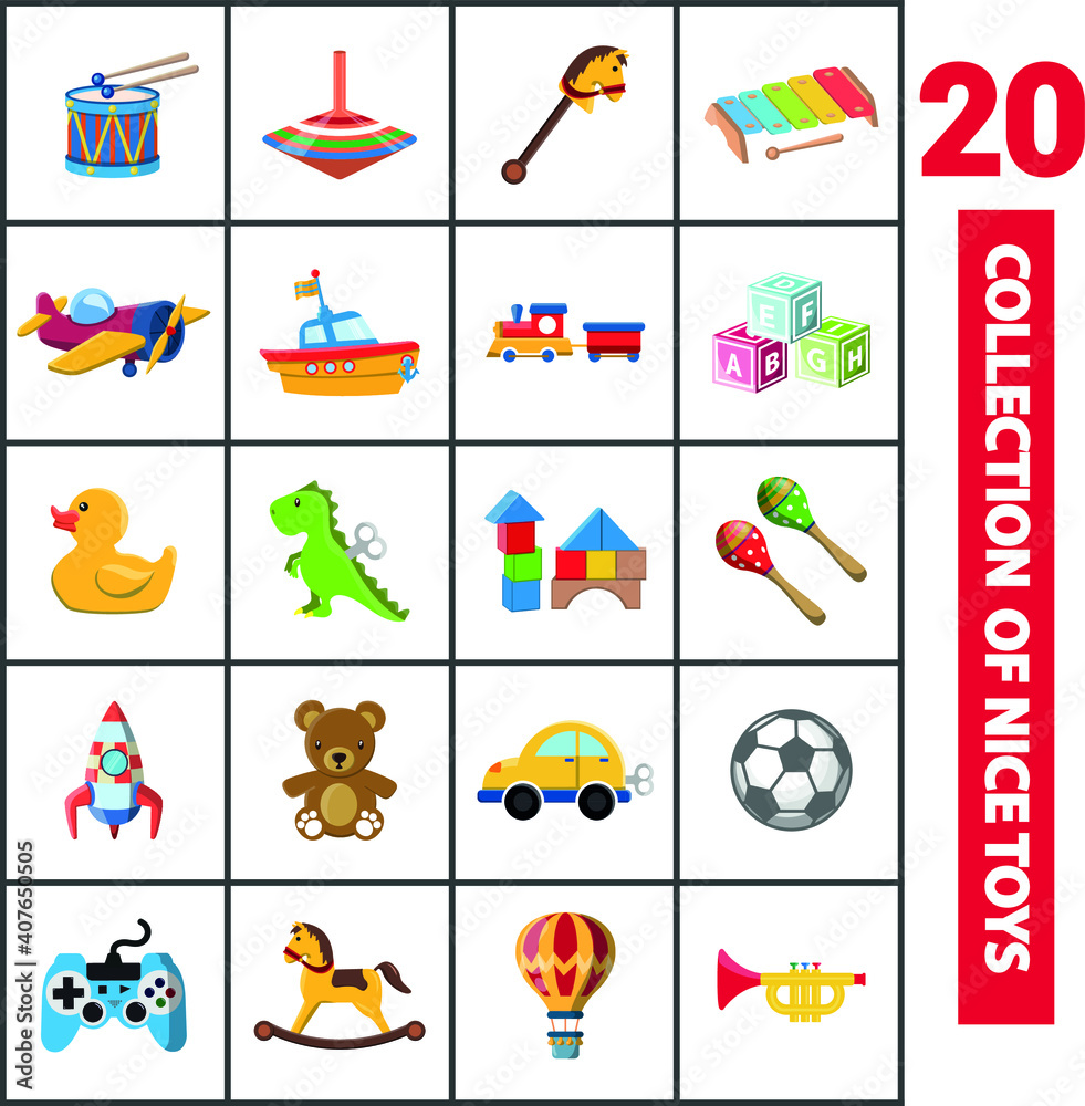 Fototapeta premium Vector image. Cute vector objects of kids toys. Funny images.