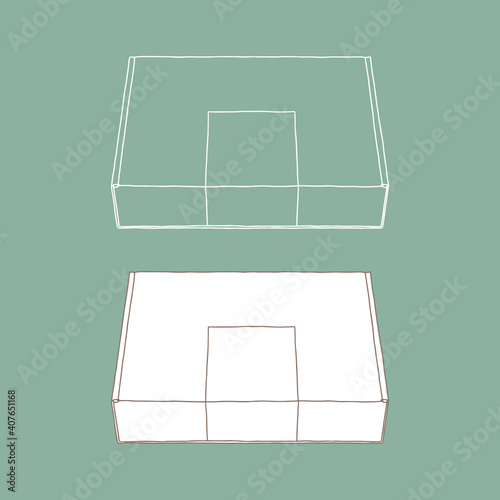 Paper box with a sticker on top mockup. Vector illustration. Empty cardboard container template. Delivery service concept. Copy space. Linear  vector  realistic  outline illustration.