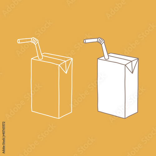 Juice packet with straw mockup. Linear, vector realistic. Outline stock illustration.