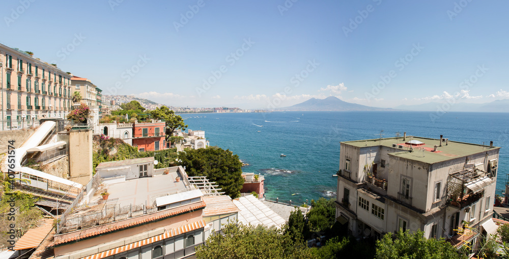 View of the city of Naples from the Vergiliano park. On the background the volcano Vesuvius.