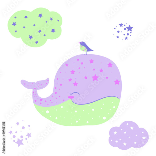 Cute whale with bird and clouds