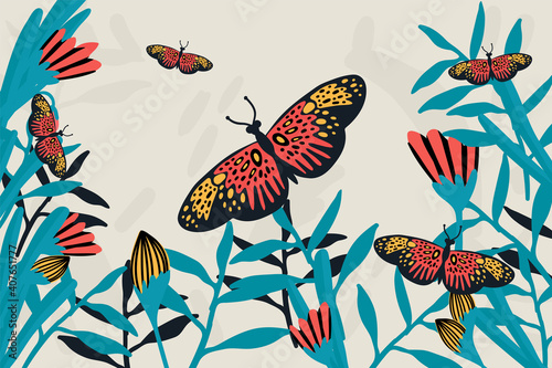Spring butterfly banner. The doodles depicted winged, soaring butterflies, flowers, spring, eggs, and summer. Flower poster with moths in the tropics. Vector illustration