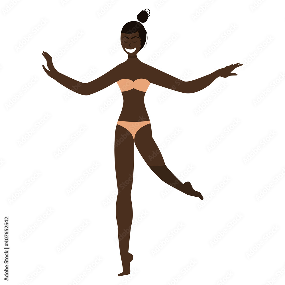 A happy slim black girl in underwear or a flat style swimsuit is isolated on a white background. Love your body, body positivity, sports. Vector illustration of people of different races
