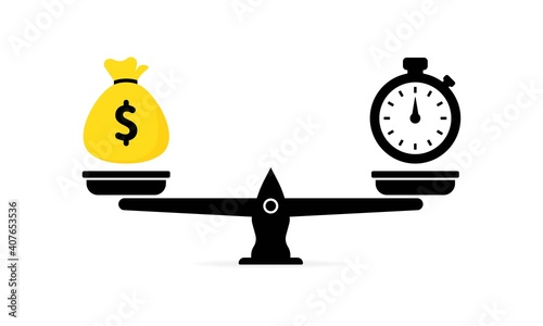 Time is money on scales icon. Concept save time, Money saving. Money and time balance on scale. Weight with watches and cash coins. Time or money