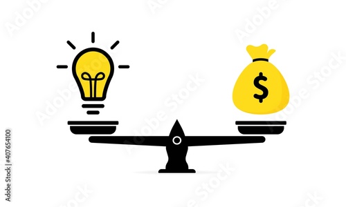 Idea and money on the scale. Idea and money stack balance on libra. Idea is money concept.