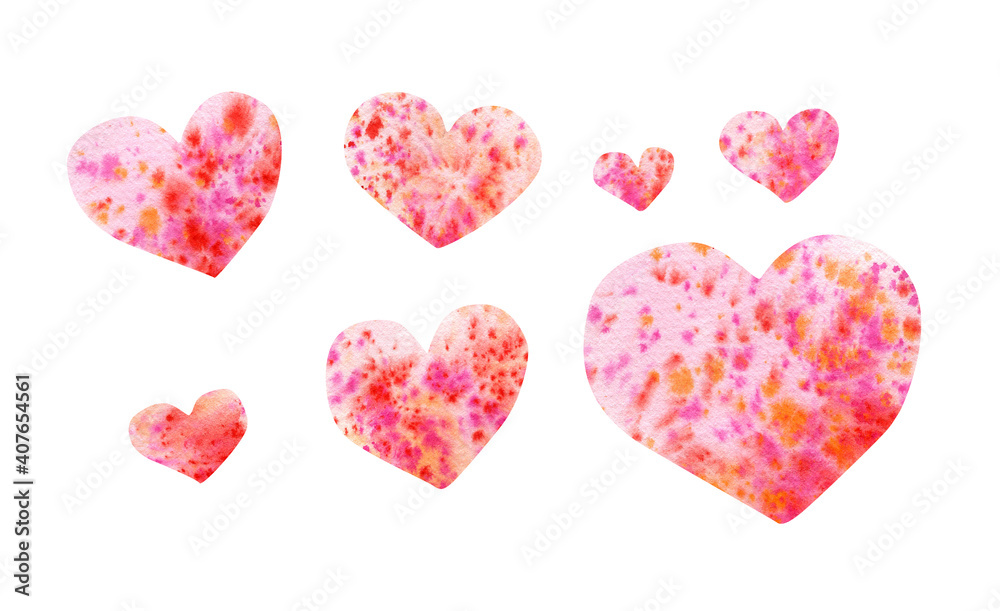 Watercolor illustration of bright abstract coloring pink orange and red hearts isolated on white. Cute set for party decor, textile, souvenirs design