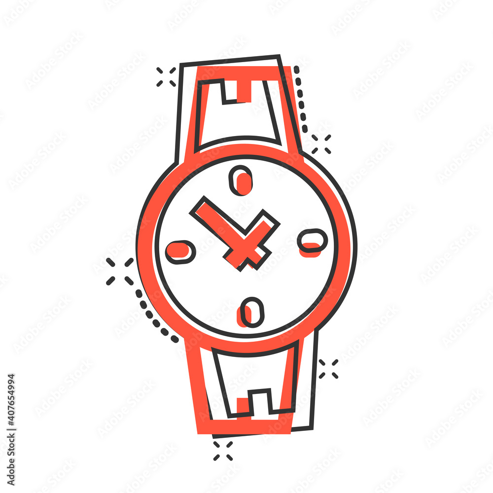 Wrist watch icon in comic style. Hand clock cartoon vector illustration on white isolated background. Time bracelet splash effect business concept. Wrist watch icon in comic style. Hand clock cartoon vector illustration on white isolated background. Time bracelet splash effect business concept.