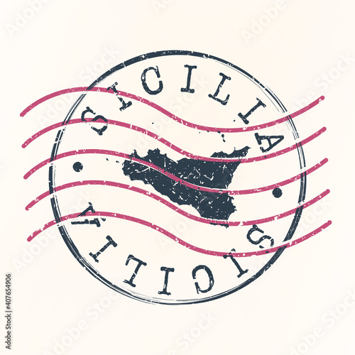 Sicily, Italy Stamp Postal. Map Silhouette Seal. Passport Round Design. Vector Icon. Design Retro Travel.