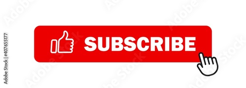 Subscribe icon with cursor. Bell button and hand cursor. Red button subscribe to channel, blog. Social media background. Marketing. Vector illustration. EPS 10