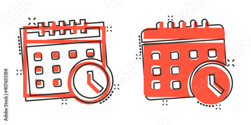 Calendar with clock icon in comic style. Agenda cartoon vector illustration on white isolated background. Schedule time planner splash effect business concept.