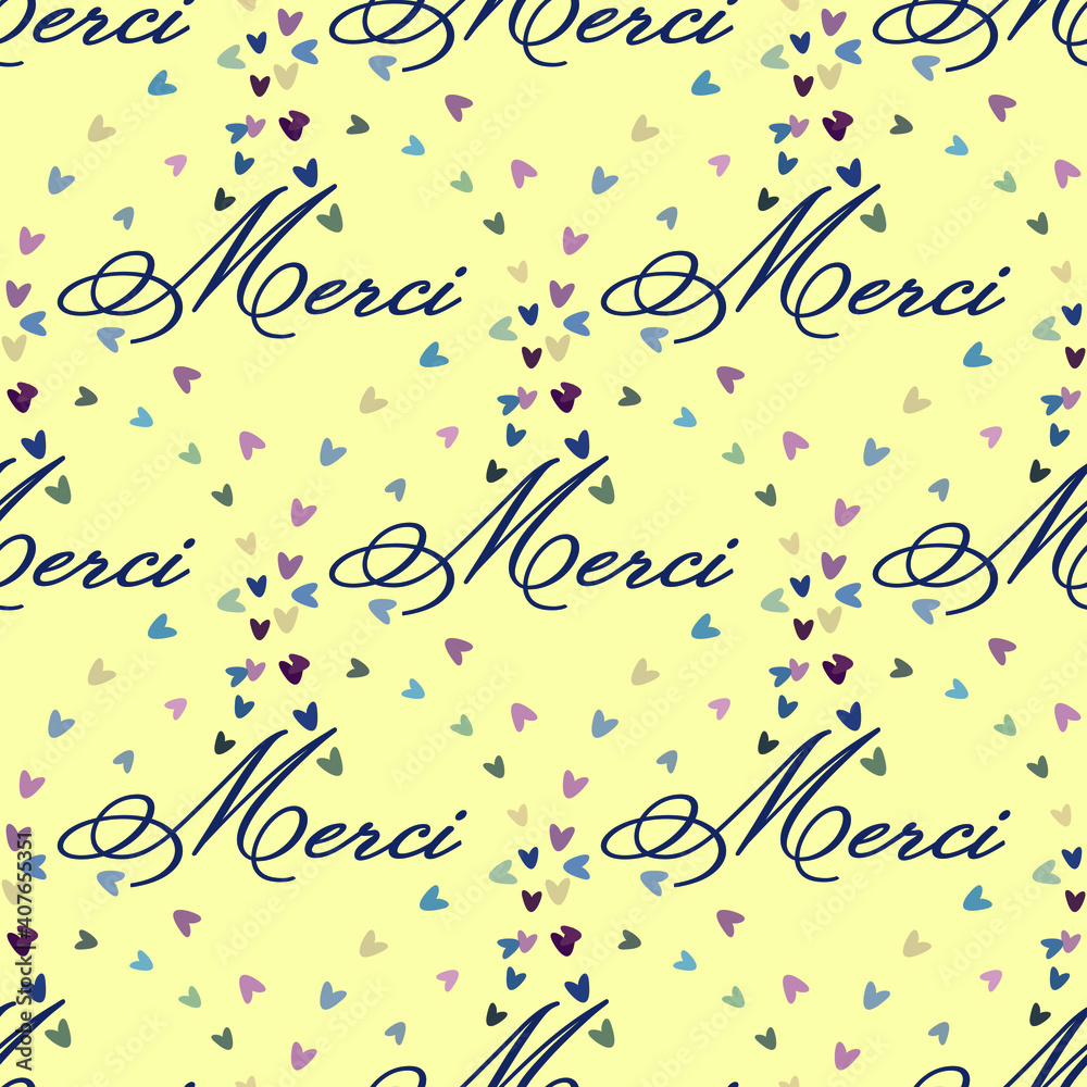 Seamless pattern of Merci and multi-colored hearts. Vector stock illustration eps10.