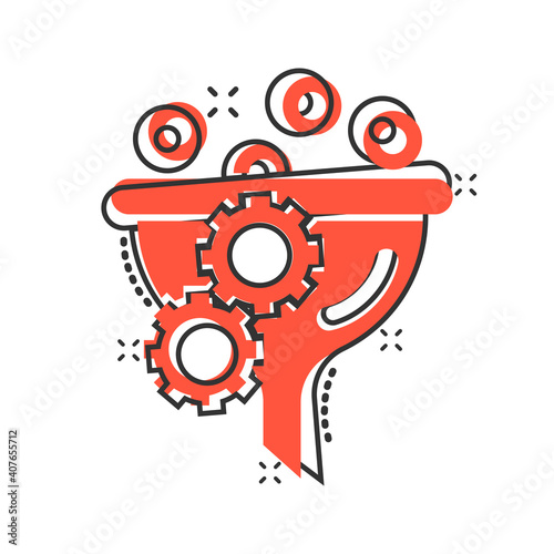 Filter icon in comic style. Funnel cartoon vector illustration on white isolated background. Chemical cone splash effect business concept.
