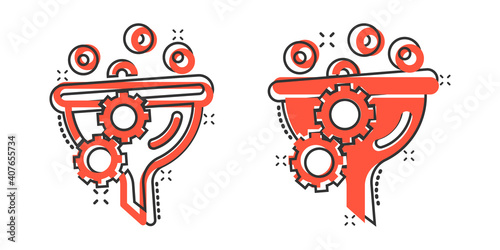 Filter icon in comic style. Funnel cartoon vector illustration on white isolated background. Chemical cone splash effect business concept.