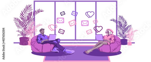 Working at home, coworking space, online education concept illustration. Man and woman working at home on laptops. Man and woman at home in quarantine. Vector flat style illustration