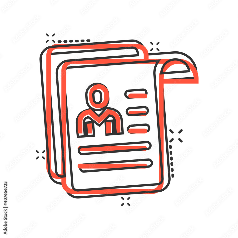 Resume icon in comic style. Contract document cartoon vector illustration on white isolated background. Paper notepad splash effect business concept. Resume icon in comic style. Contract document cartoon vector illustration on white isolated background. Paper notepad splash effect business concept.