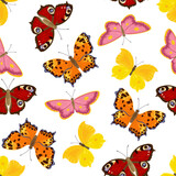 Multicolored cartoon butterflies seamless pattern. Vector spring flat illustration. Natural background with beautiful bright flying insects.