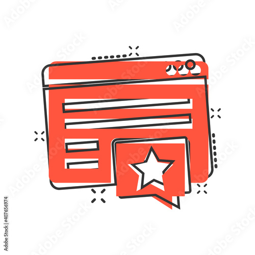 Browser window with star icon in comic style. Wish list cartoon vector illustration on white isolated background. Reward bonus splash effect business concept.