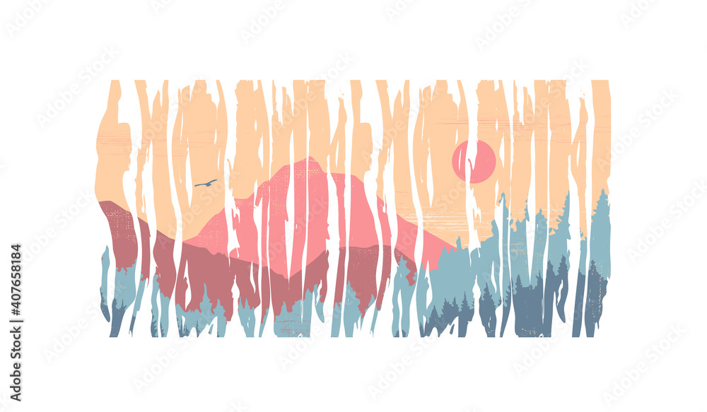 Beautiful atmospheric landscape with wooded mountains.Typography for abstract printing T-shirts, vector illustration.