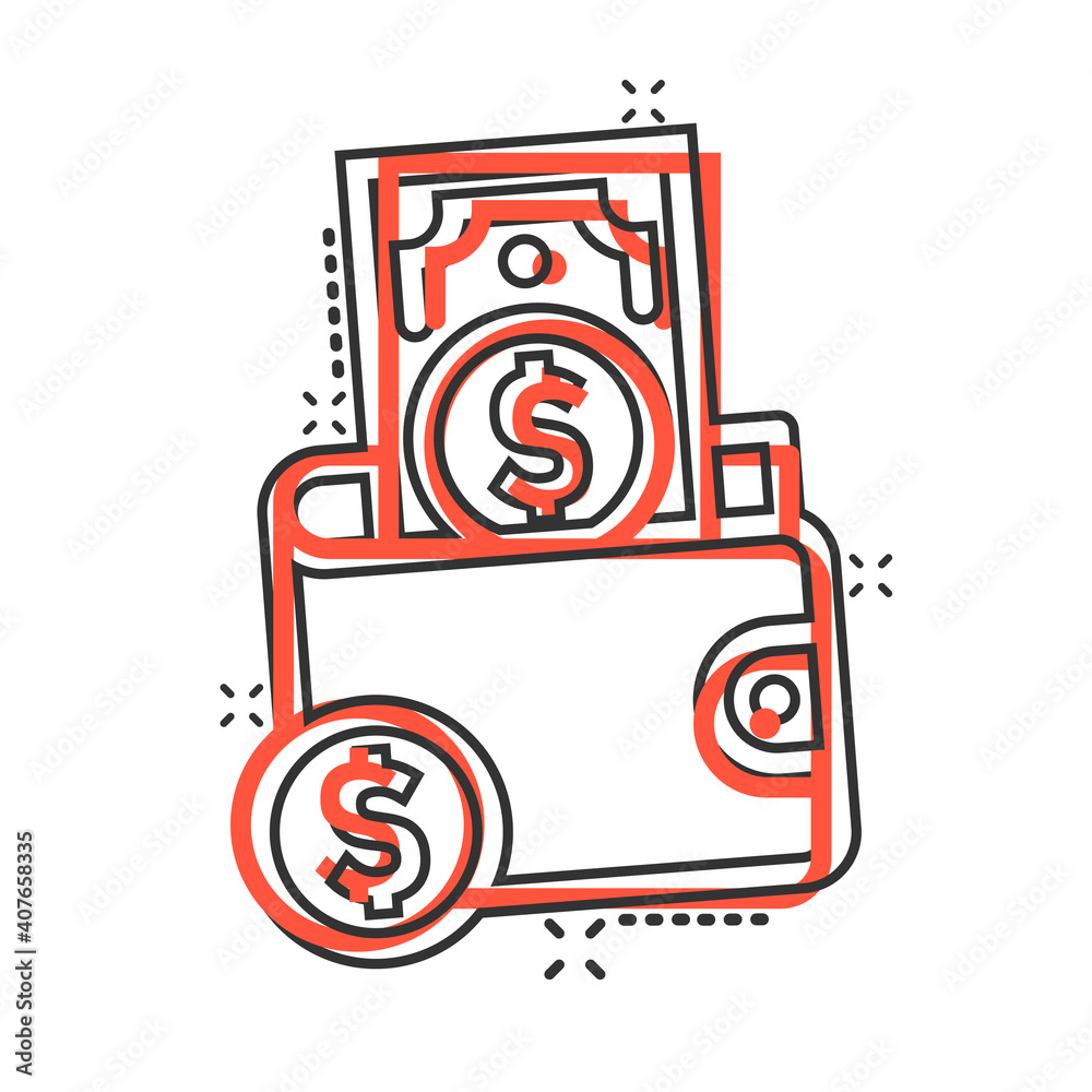 Wallet icon in comic style. Purse cartoon vector illustration on white isolated background. Finance bag with dollar and cent splash effect business concept. Wallet icon in comic style. Purse cartoon vector illustration on white isolated background. Finance bag with dollar and cent splash effect business concept.