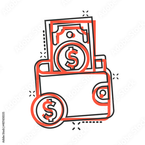 Wallet icon in comic style. Purse cartoon vector illustration on white isolated background. Finance bag with dollar and cent splash effect business concept.