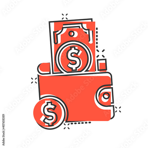 Wallet icon in comic style. Purse cartoon vector illustration on white isolated background. Finance bag with dollar and cent splash effect business concept.