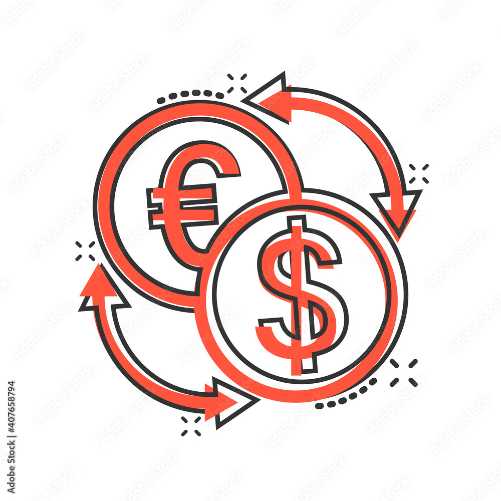 Currency exchange icon in comic style. Dollar euro transfer cartoon vector illustration on white isolated background. Financial process splash effect business concept.
