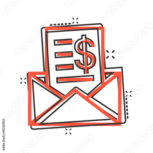 Envelope with money icon in comic style. E-mail cash cartoon vector illustration on white isolated background. Finance message splash effect business concept.