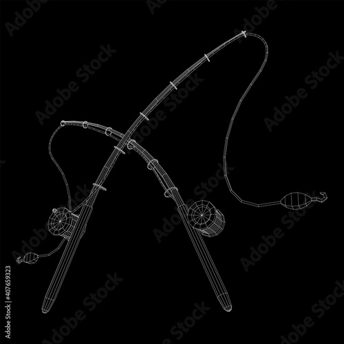 Fishing rod with line sinker and hook. Wireframe low poly mesh vector illustration.