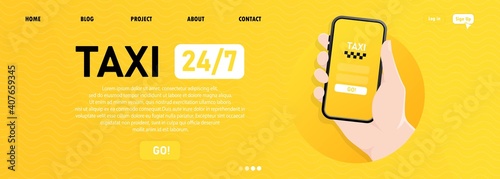 City taxi online service banner. Taxi 24 7 service. Man will call a taxi on a smartphone. Hand holding smartphone with taxi app on display. Flat illustration.