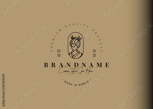 Geisha logo design inspiration. Vector illustration of traditional japanese woman. Modern vintage icon design template with line art style.