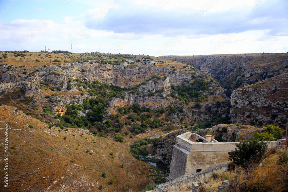 View from the Sassi of the Gravina stream gorge in the Murgia of Matera, European Capital of Culture 2019