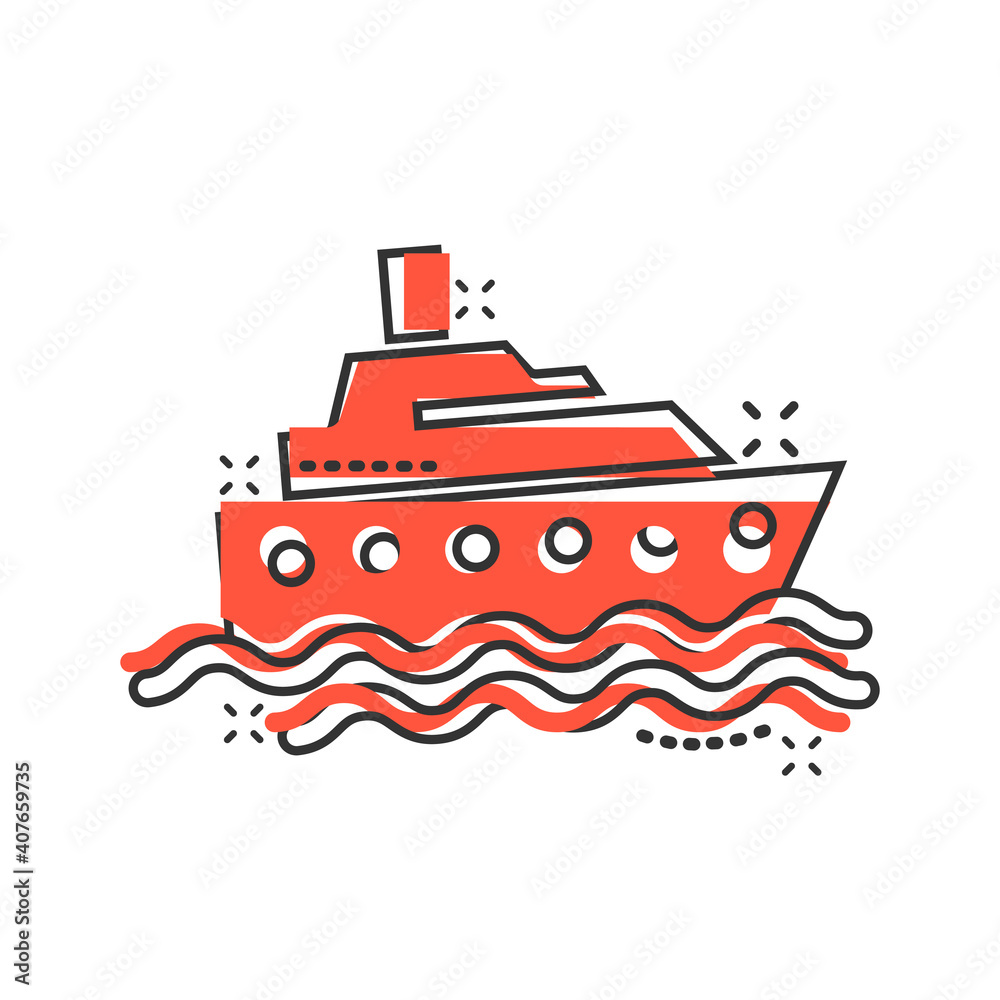 Fototapeta premium Tourism ship icon in comic style. Fishing boat cartoon vector illustration on white isolated background. Tanker destination splash effect business concept.
