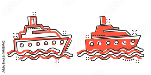Tourism ship icon in comic style. Fishing boat cartoon vector illustration on white isolated background. Tanker destination splash effect business concept.