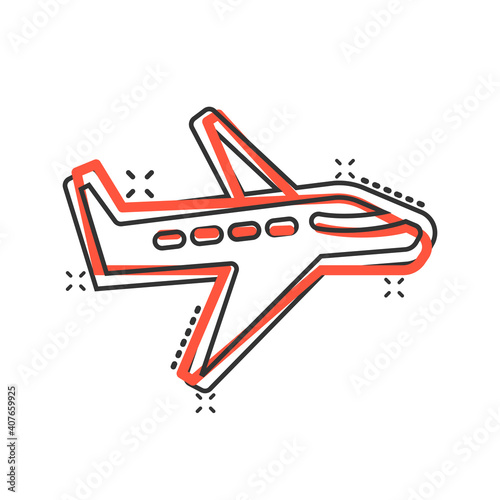 Plane icon in comic style. Airplane cartoon vector illustration on white isolated background. Flight airliner splash effect business concept.