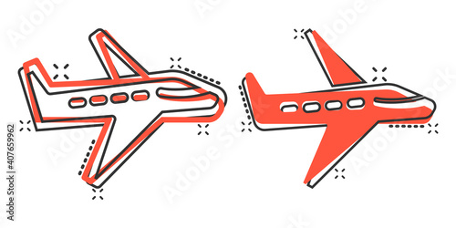 Plane icon in comic style. Airplane cartoon vector illustration on white isolated background. Flight airliner splash effect business concept.