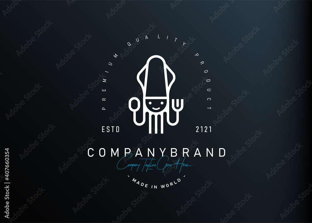 Squid chef logo design inspiration. Vector illustration of a squid holding a fork and spoon. Modern vintage icon design template with line art style. Squid chef logo design inspiration. Vector illustration of a squid holding a fork and spoon. Modern vintage icon design template with line art style.