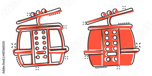 Cable car icon in comic style. Elevator cabin cartoon vector illustration on white isolated background. Cableway splash effect business concept.