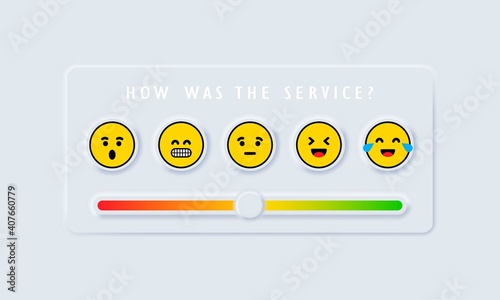 Feedback emoji slider. Reviews or rating scale with emoji representing different emotions. Level of satisfaction rating. Vector EPS 10. Isolated on white background