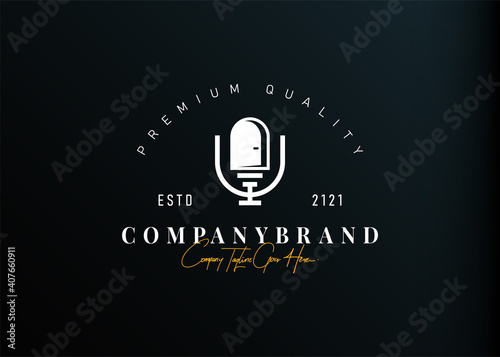 Podcast logo design inspiration. Vector illustration of open door and old microphone. Modern vintage icon design template with line art style.