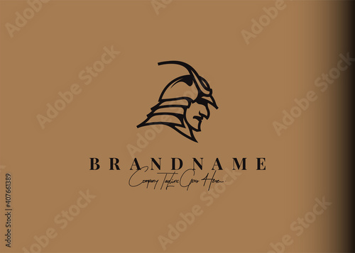 Samurai logo design inspiration. Vector illustration of a samurai head side view. Modern vintage icon design template with line art style.