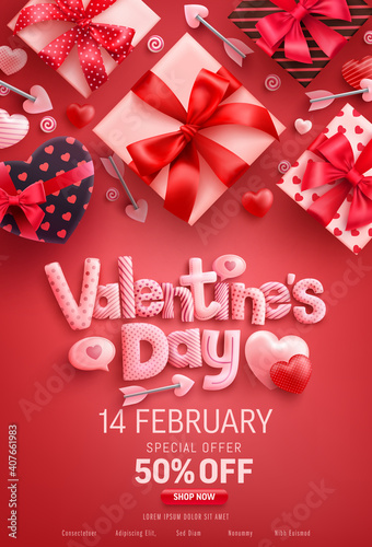 Valentine's Day Sale Poster with gift box on red background.Promotion and shopping template for Love and Valentine's day concept.